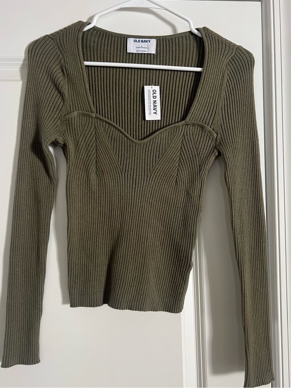Old Navy Olive Ribbed Sweetheart Long-Sleeve Top